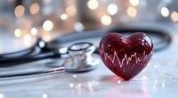 Red glass heart with heartbeat line and medical stethoscope on light background with bokeh lights, healthcare and cardiology concept for medical designs.
