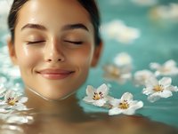 Young Asian woman with closed eyes and serene smile relaxing in water with white cherry blossoms floating around, expressing wellness and natural beauty spa concept.