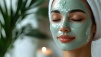Young woman with green clay facial mask relaxing at spa with eyes closed and gentle smile, candle and palm leaves in soft focus background.