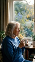 Senior Caucasian woman in blue sweater holding a steaming mug, gazing thoughtfully out a sunlit window surrounded by green plants.