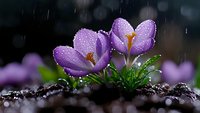 Purple crocus flowers with water drops blooming in spring rain. Close-up view shows delicate petals and dewdrops against dark soil background. Nature macro photography.