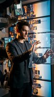 Young Caucasian businessman analyzing holographic data charts and graphs on futuristic transparent display in modern tech office environment.