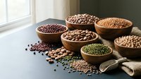Assorted legumes and beans in wooden bowls on rustic kitchen counter. Variety of lentils, chickpeas and pulses for healthy cooking and nutrition.