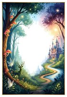 Enchanted forest frame with fairy tale castle, magical mushrooms, winding path and mystical lighting for fantasy storytelling and children's book design.