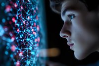 Young Caucasian male scientist analyzing glowing DNA double helix structure with network connections in modern laboratory for genetic research and biotechnology.