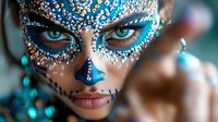 Artistic sugar skull makeup in turquoise and silver glitter with rhinestones creates dramatic carnival masquerade look against dark background. Extreme closeup shows detailed face art.