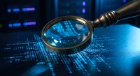Magnifying glass examining digital data streams and binary code on computer screen. Cybersecurity analysis, data investigation and information technology concept.
