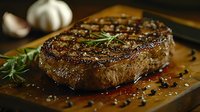 Juicy grilled ribeye steak seasoned with black peppercorns and fresh rosemary on wooden cutting board, garnished with garlic cloves and herbs in dark moody setting.