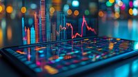 Financial market data visualization with glowing charts and graphs on digital tablet screen against blurred city lights background, showing stock trading analysis.