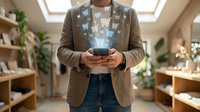 Young professional man using smartphone in modern cozy home office space with natural lighting and plants for remote work and digital communication.