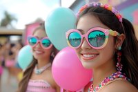 Young Asian woman smiling at summer party wearing pink sunglasses with palm tree reflection, colorful beaded accessories and balloons, festive outdoor celebration.
