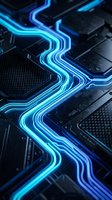 Glowing blue neon light trails flowing through futuristic circuit board pathways creating dynamic energy streams for technology and digital concepts.