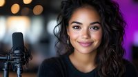 Young mixed-race woman podcaster smiling at camera in professional recording studio with microphone and colorful lighting for content creation.