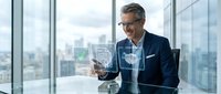 Middle-aged Caucasian male professional in business attire examining digital holographic interface displays in modern high-rise office with city skyline view. Corporate technology concept.