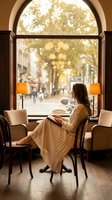 Young woman reading book in cozy cafe by large arched window overlooking busy street. Warm golden hour lighting creates peaceful atmosphere for relaxation.