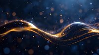 Glowing golden wave with sparkling particles flows through dark blue space background creating magical light effect and bokeh elements.