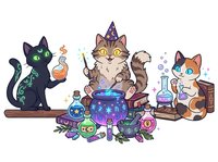 Cartoon cats practicing witchcraft and magic with glowing potions, crystals, and mystical elements. Isolated clipart on transparent background for design projects.
