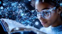Young African American woman in glasses reading glowing book with magical blue sparkles and light effects emerging from pages in dark atmospheric setting.