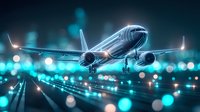 Modern passenger aircraft taking off from illuminated runway at night with glowing turquoise bokeh lights creating atmospheric aviation scene.