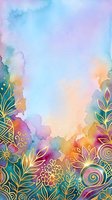 Watercolor gradient background with vibrant rainbow hues transitioning from blue and purple to pink and gold, decorated with ornamental floral borders featuring golden line art botanical elements and mandala patterns for design projects.