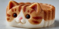 Adorable orange tabby cat-shaped sponge cake with white frosting and chocolate chip eyes, kawaii dessert for bakery menu and sweet treat marketing.