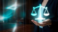 Lawyer holding glowing scales of justice symbol with digital light effects, representing legal services, law firm, compliance, and fair judgment in modern business environment.