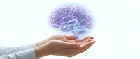 Human hands holding glowing purple brain hologram representing artificial intelligence, neuroscience research, mental health awareness and cognitive science concepts.