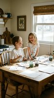 Two happy Caucasian children painting at a wooden kitchen table, faces and shirts covered in colorful paint, laughing together at home.