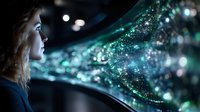 Young Caucasian woman in profile looking at glowing magical particles and lights through car window at night, creating dreamy atmospheric scene with bokeh effects.
