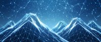Digital mountain landscape with glowing network connections and geometric patterns overlay creating futuristic technology concept for business presentations.