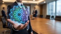 Professional businessman presenting holographic mandala symbol in modern office environment representing digital transformation and innovative technology solutions.