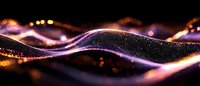 Glowing purple and gold particle waves flow across dark background creating dynamic motion effect with bokeh lights and shimmering dots.