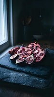 Sliced pomegranates and figs arranged on a dark slate board by a window, moody food styling with rich red tones and dramatic lighting.