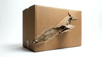 Cardboard box with torn opening revealing giraffe head emerging from interior, creative packaging concept for wildlife, shipping, delivery, and imaginative marketing campaigns.
