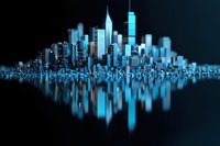 Futuristic cityscape with glowing blue skyscrapers reflected in water surface against dark background, creating mirror effect and modern urban atmosphere.