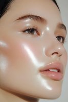 Close-up portrait of Asian woman with glowing dewy skin, natural makeup, glossy highlighter effect and soft pink lips showing modern beauty trends.