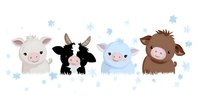 Adorable farm animal faces in a row with snowflakes - sheep, cow, lamb, and bull. Cute winter nursery art design for children's room decor and baby products.