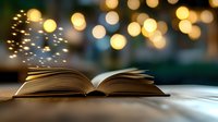 Open book with magical glowing sparkles floating above pages against blurred golden bokeh lights background, creating dreamy atmospheric scene on wooden surface.
