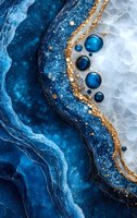 Abstract luxury marble texture in deep ocean blue and white with gold accents and bubbles creates elegant geode-inspired art pattern for modern decor.