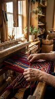 Elderly hands weaving colorful traditional textile on wooden loom in rustic workshop with natural light streaming through windows.
