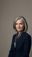Mature woman with gray hair wearing dark blazer and navy blouse against neutral background. Professional headshot suitable for corporate, business, and executive portraits.