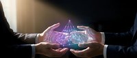 Business hands protecting holographic network pyramid with glowing connections representing cybersecurity, data protection and digital technology collaboration.