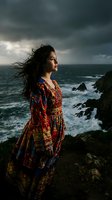 Young woman in colorful bohemian dress standing on dramatic coastal cliff with stormy sky and ocean waves crashing against rocks below.