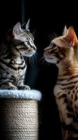 Two Bengal cats face to face, one sitting on scratching post against dark background. Dramatic lighting highlights their striking markings and blue eyes. Intimate feline portrait.
