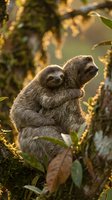 Mother sloth carrying baby on back in tropical rainforest with golden sunlight filtering through canopy creating warm natural wildlife scene.