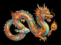 Pair of ornamental dragons with vibrant red, gold, and turquoise scales, featuring flowing manes and fierce expressions. Isolated on transparent background, ready for t-shirts, stickers, clipart, and print-on-demand designs.