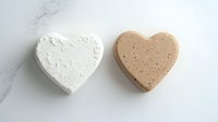 White and beige heart shaped bath bombs with natural texture on marble background. Spa and wellness concept for romantic self-care routines and Valentine's day gifts.