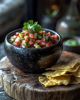 Fresh pico de gallo salsa with diced tomatoes, onions, and cilantro served in rustic black stone bowl on wooden board with crispy corn tortilla chips.