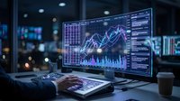 Financial analyst working with trading charts and market data on computer monitor in modern office environment for investment analysis.