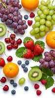 Fresh mixed fruits and berries arranged on white background including grapes, oranges, strawberries, kiwi, cherries, blueberries and raspberries for healthy eating.